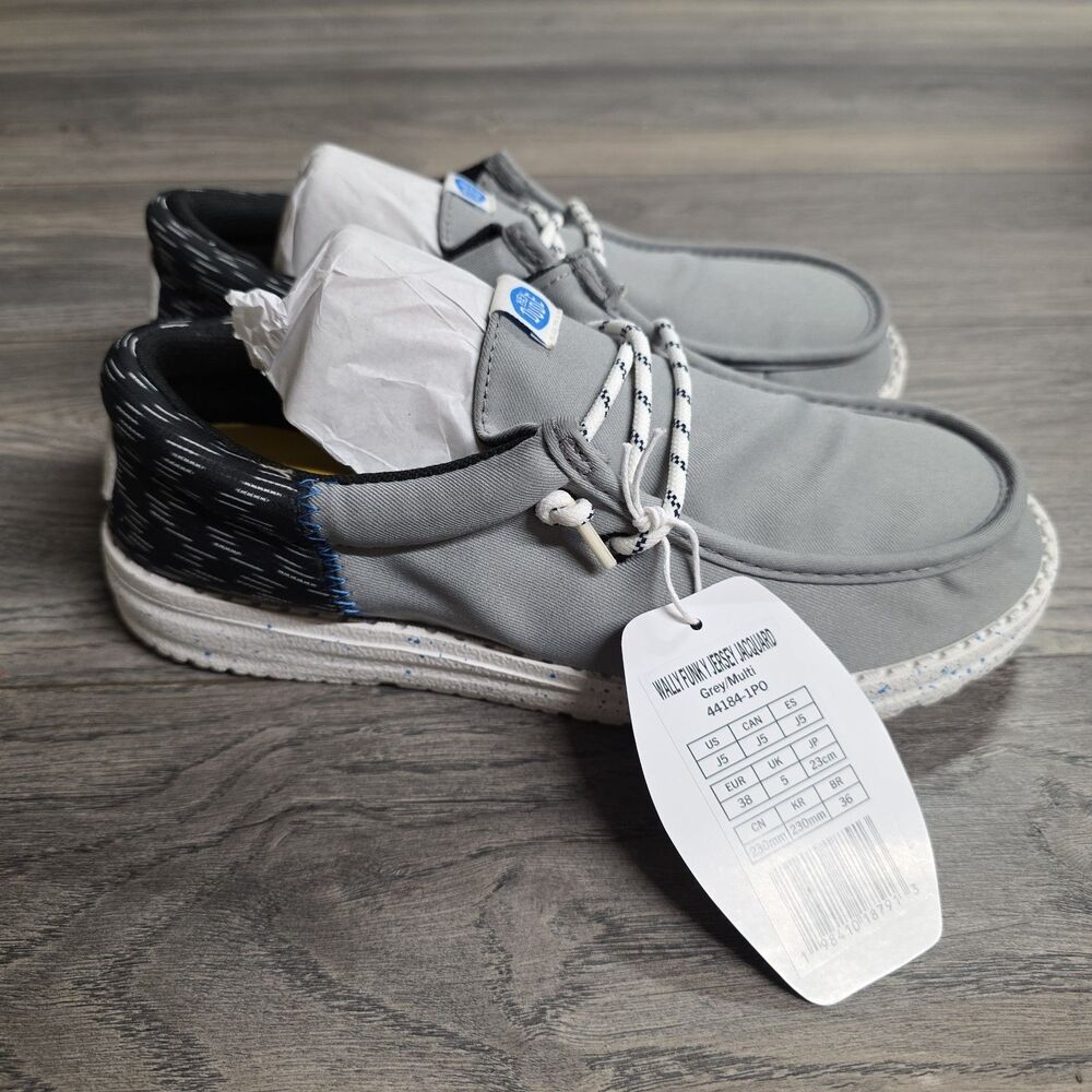 Hey Dude Wally Funk Kids J5 Grey Multi Jersey Jacquard Loafers 44184-1PO NEW